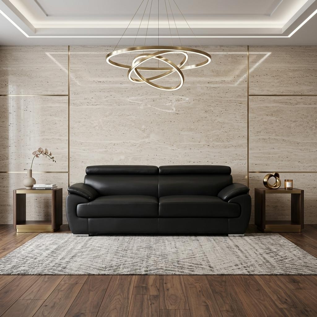 The Nightfall – Black Genuine Leather Sofa with Silver Legs - Prioka