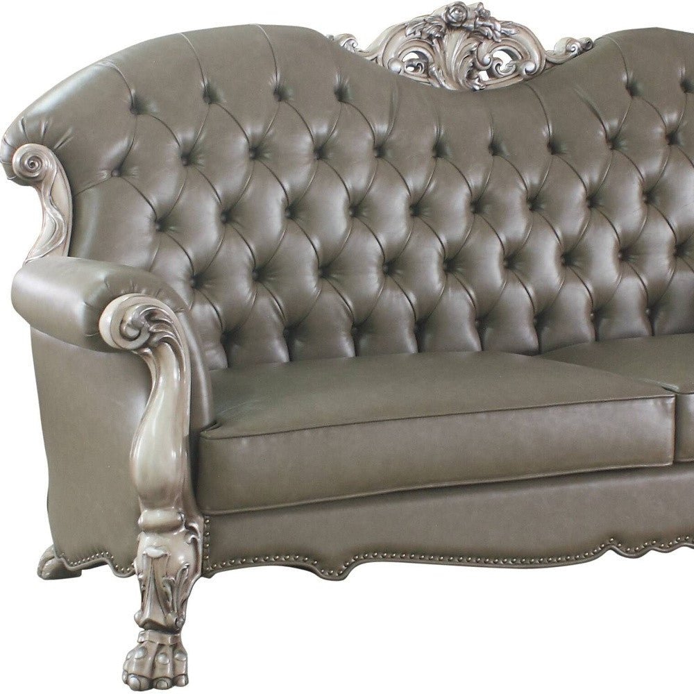 The Oryndal – 96" Bone Faux Leather Sofa with Toss Pillows & White Legs - Prioka