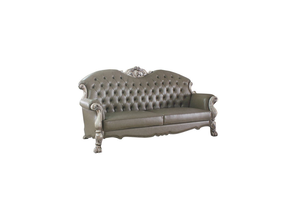 The Oryndal – 96" Bone Faux Leather Sofa with Toss Pillows & White Legs - Prioka