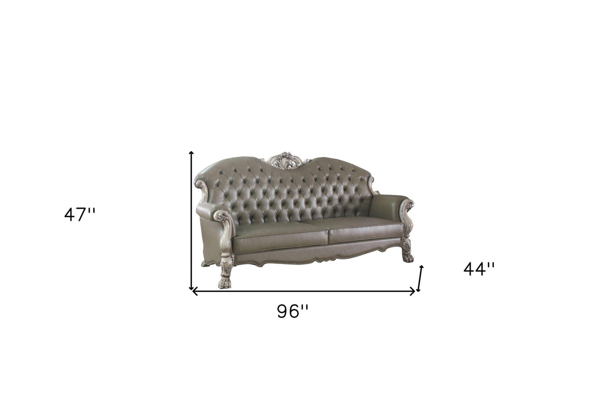 The Oryndal – 96" Bone Faux Leather Sofa with Toss Pillows & White Legs - Prioka