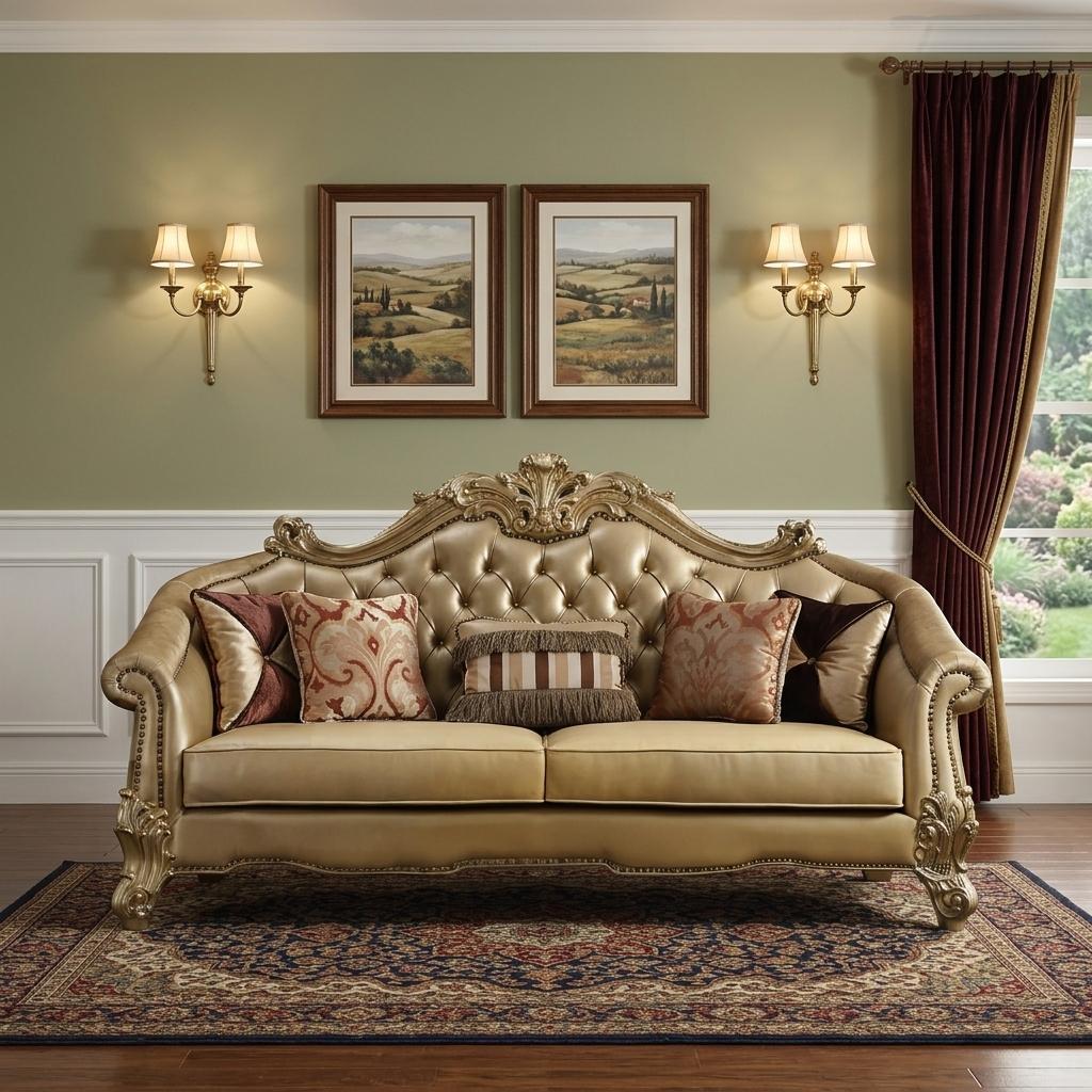 The Versailles – Bone Faux Leather Sofa with Gold Legs - Prioka
