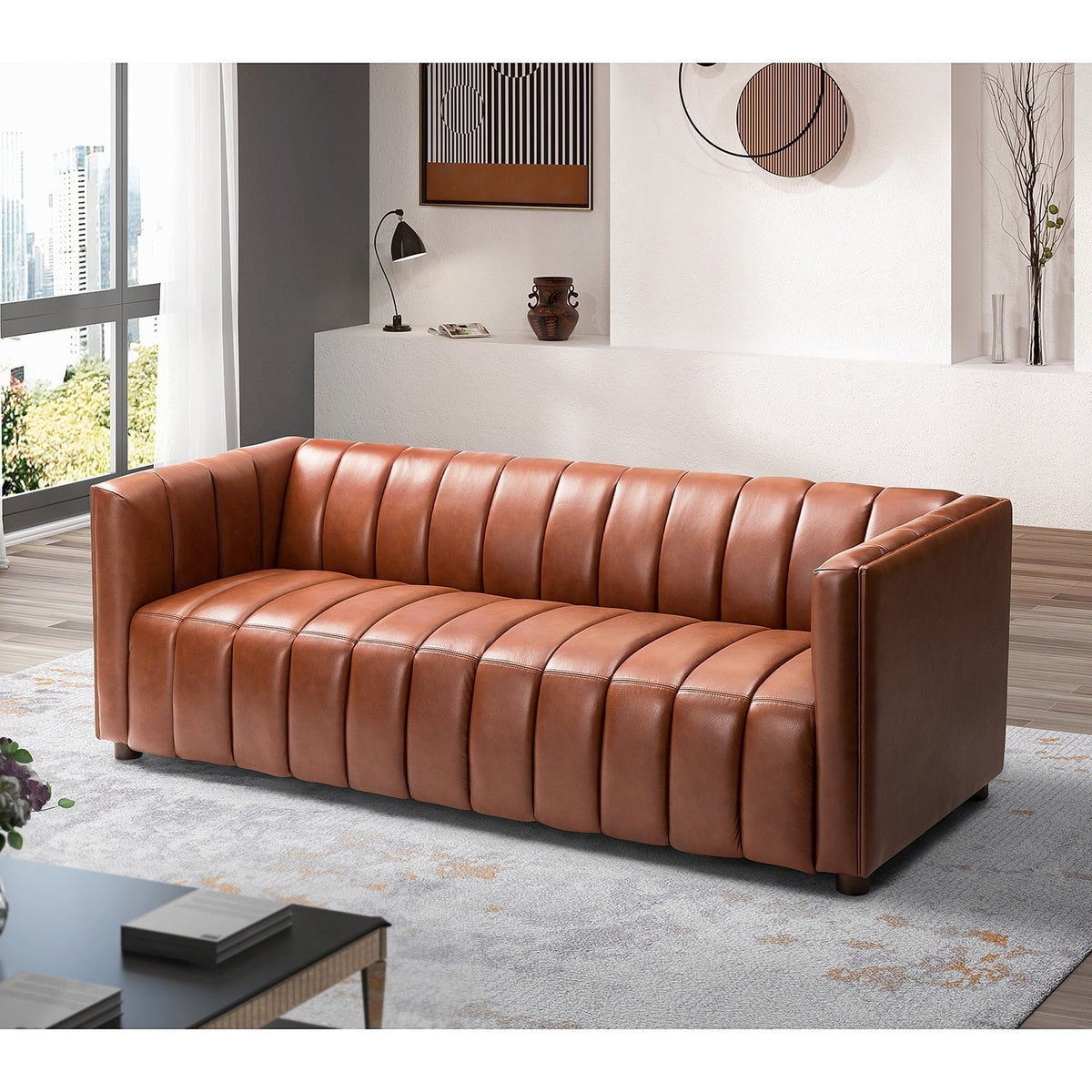 Ulysses Genuine Leather Sofa – Brown Channel-Tufted Luxury Sofa - Prioka