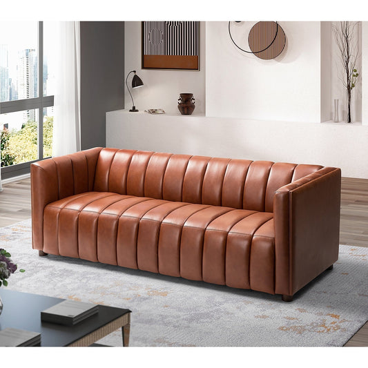 Ulysses Genuine Leather Sofa – Brown Channel-Tufted Luxury Sofa - Prioka