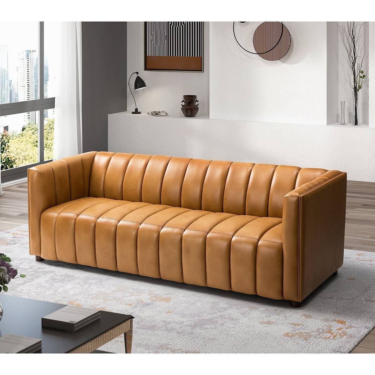Ulysses Genuine Leather Sofa – Camel Channel-Tufted Luxury Sofa - Prioka