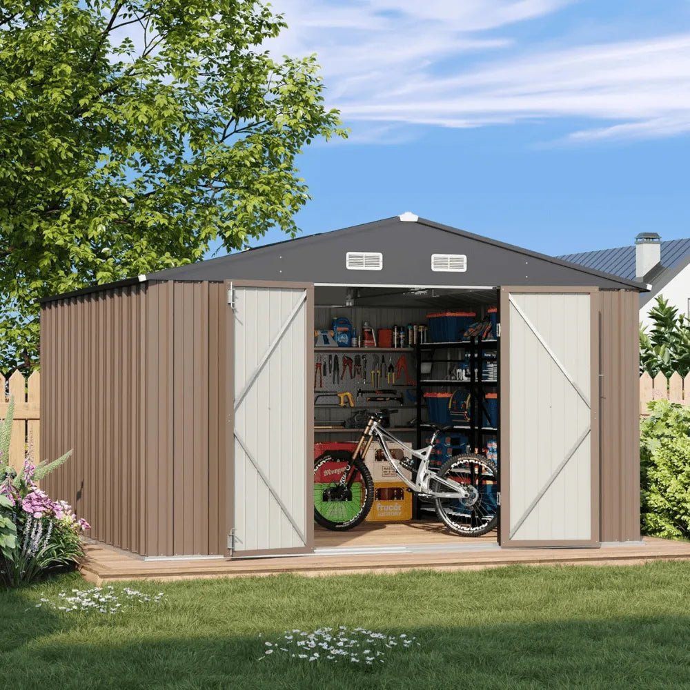 VEIKOUS 10 ft. x 10 ft. Outdoor Metal Storage Shed with Lockable Door and Vents, Gray - Prioka