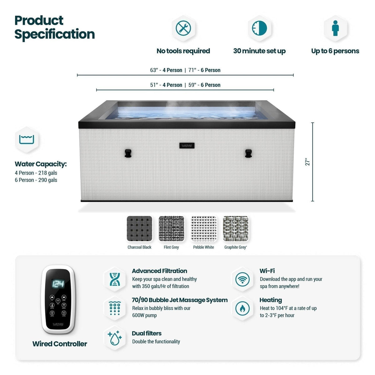 Wave Garda | 4-Person Eco Foam Hot Tub | Integrated Heater | Charcoal Black - Prioka