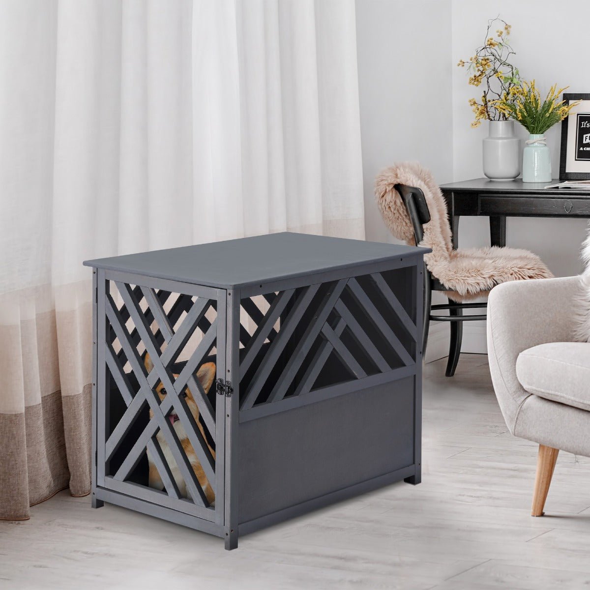 Wood Dog Crate Small Dog Cage Furniture Style Dog Kennel Lattice for Indoor Use with a Unique Slant Aesthetic Design - Prioka