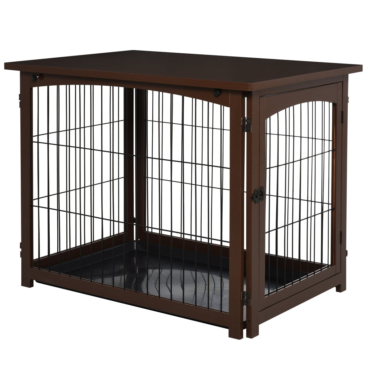 Wooden Decorative Dog Cage Pet Crate with Fence Side Table Small Animal House and Tabletop, Brown - Prioka