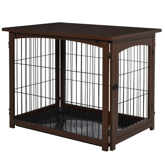 Wooden Decorative Dog Cage Pet Crate with Fence Side Table Small Animal House and Tabletop, Brown - Prioka