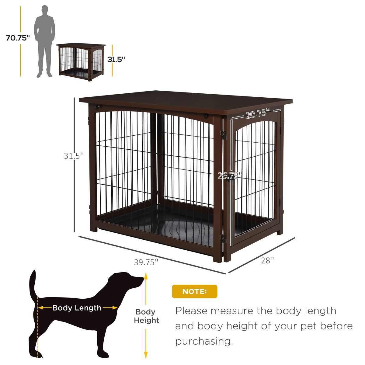 Wooden Decorative Dog Cage Pet Crate with Fence Side Table Small Animal House and Tabletop, Brown - Prioka