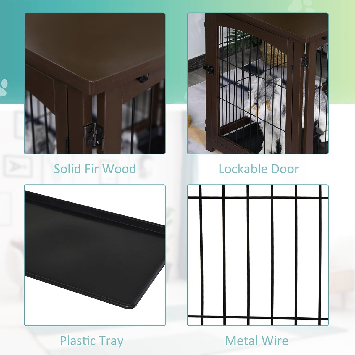 Wooden Decorative Dog Cage Pet Crate with Fence Side Table Small Animal House and Tabletop, Brown - Prioka