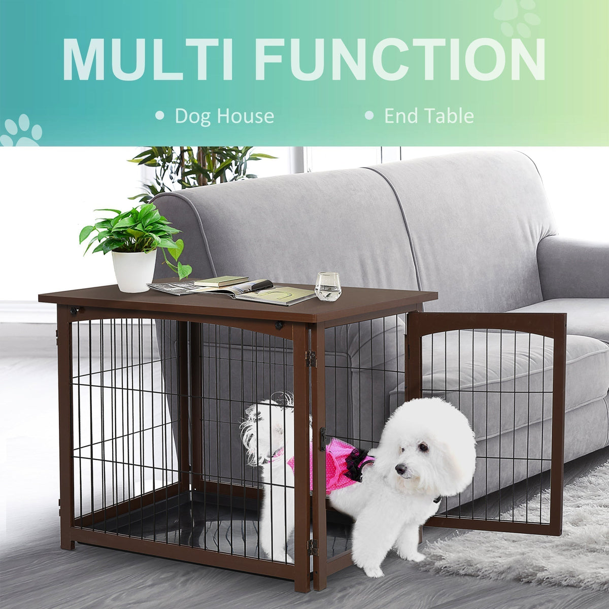 Wooden Decorative Dog Cage Pet Crate with Fence Side Table Small Animal House and Tabletop, Brown - Prioka