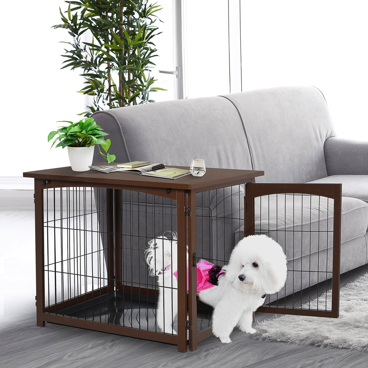 Wooden Decorative Dog Cage Pet Crate with Fence Side Table Small Animal House and Tabletop, Brown - Prioka
