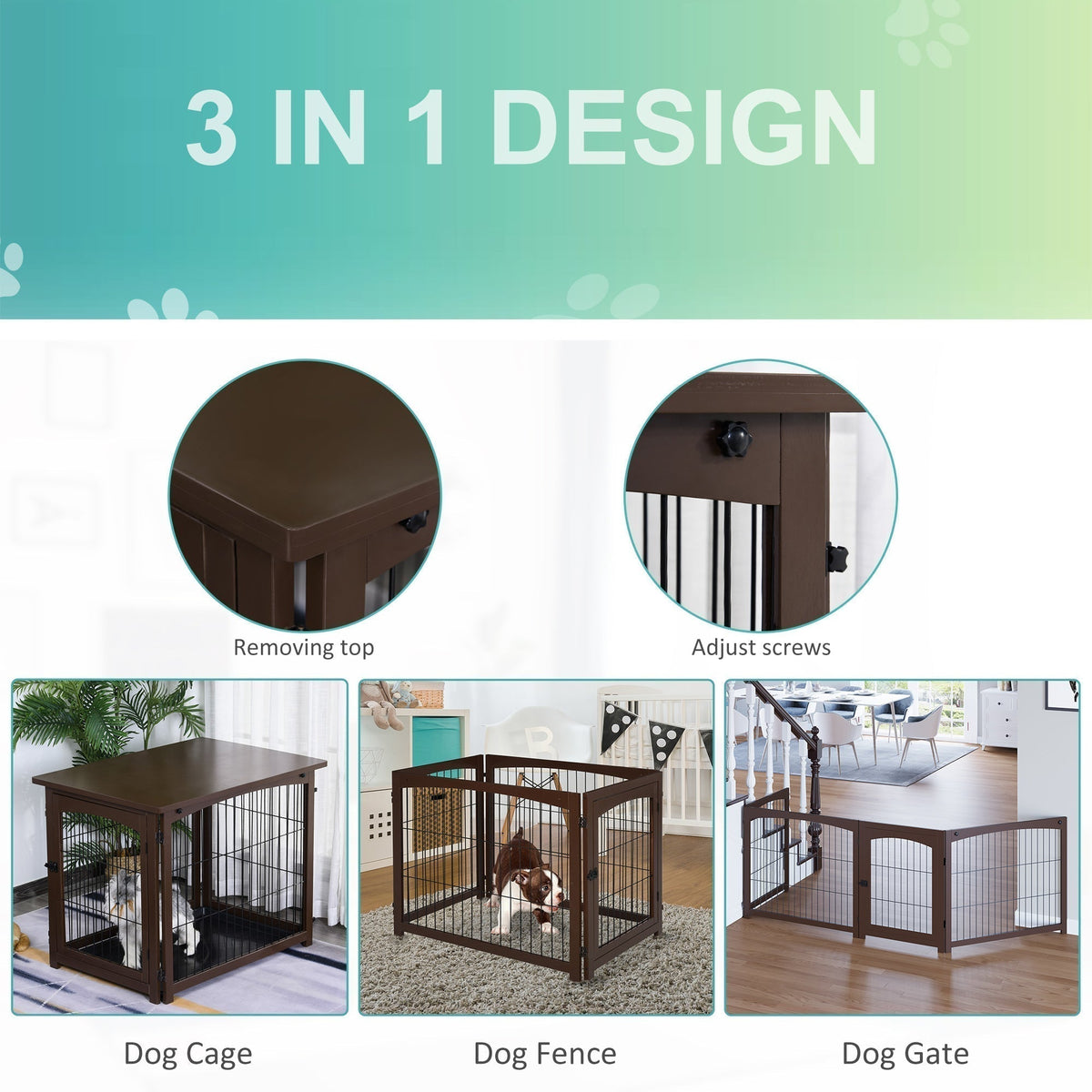 Wooden Decorative Dog Cage Pet Crate with Fence Side Table Small Animal House and Tabletop, Brown - Prioka