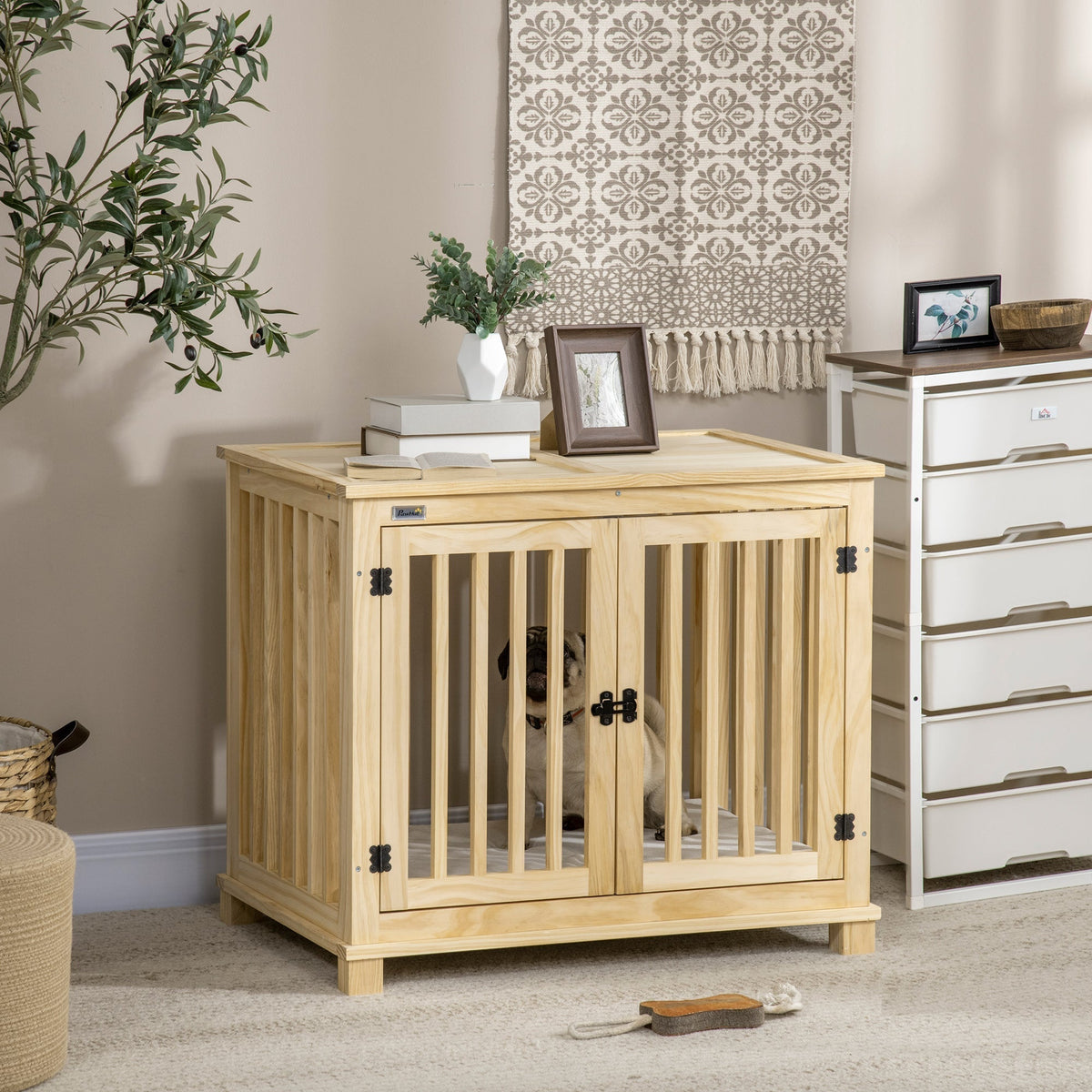 Wooden Dog Crate Furniture with Soft Cushion, Dog Crate End Table with Double Doors, Indoor Pet Crate for Small Medium Dogs - Prioka