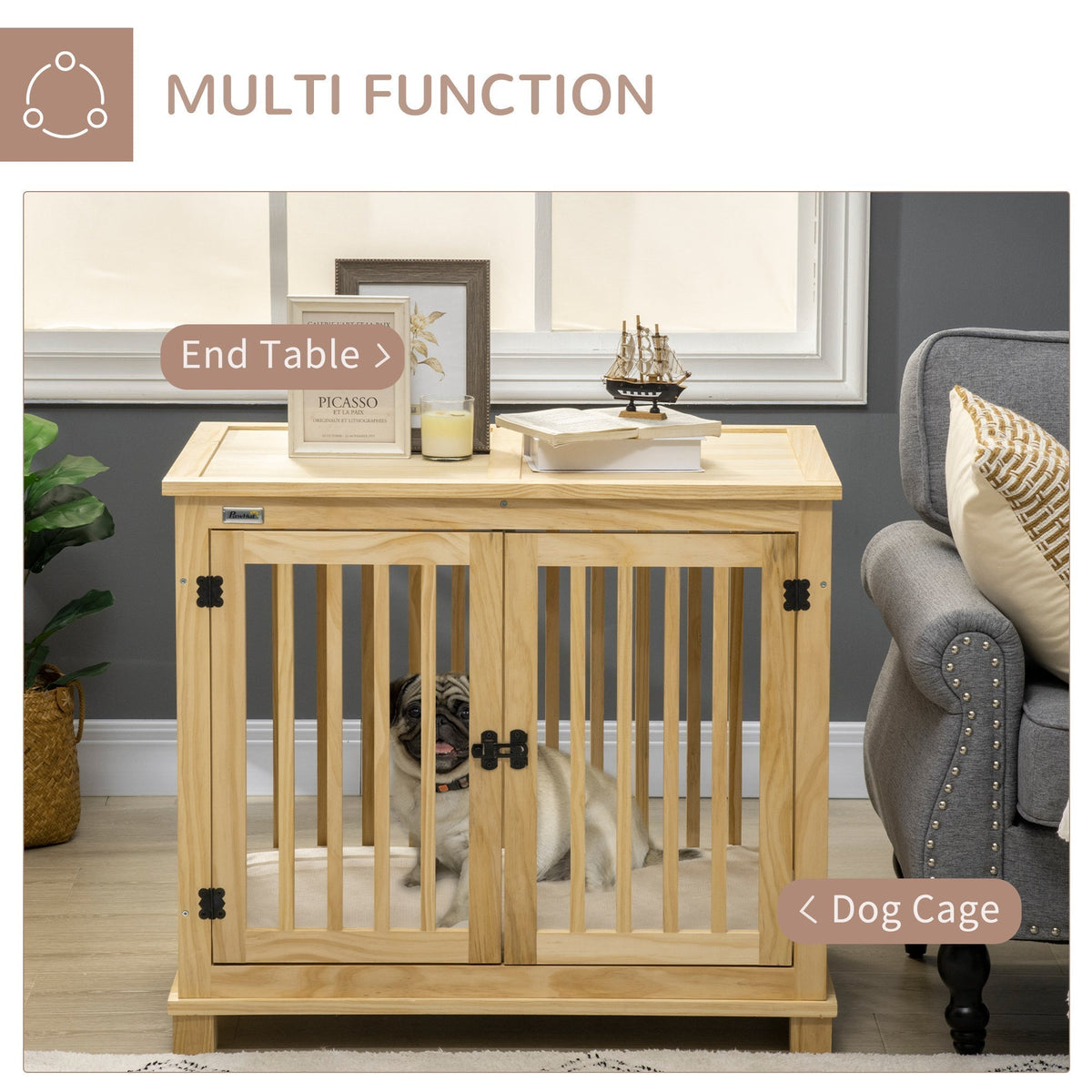 Wooden Dog Crate Furniture with Soft Cushion, Dog Crate End Table with Double Doors, Indoor Pet Crate for Small Medium Dogs - Prioka
