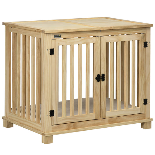 Wooden Dog Crate Furniture with Soft Cushion, Dog Crate End Table with Double Doors, Indoor Pet Crate for Small Medium Dogs - Prioka