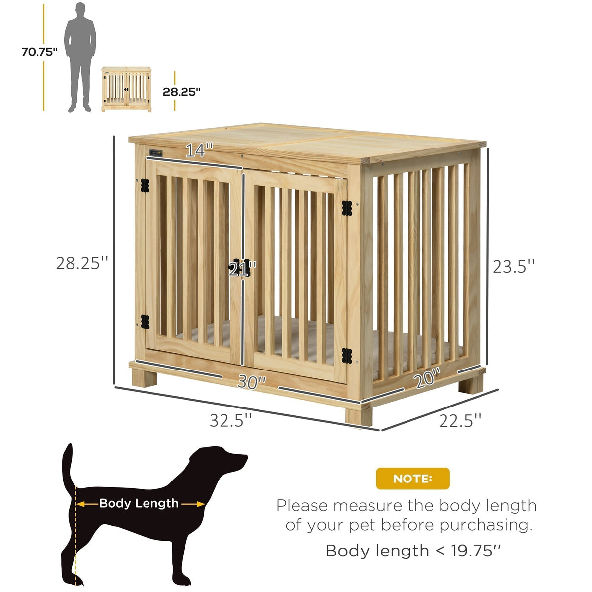 Wooden Dog Crate Furniture with Soft Cushion, Dog Crate End Table with Double Doors, Indoor Pet Crate for Small Medium Dogs - Prioka