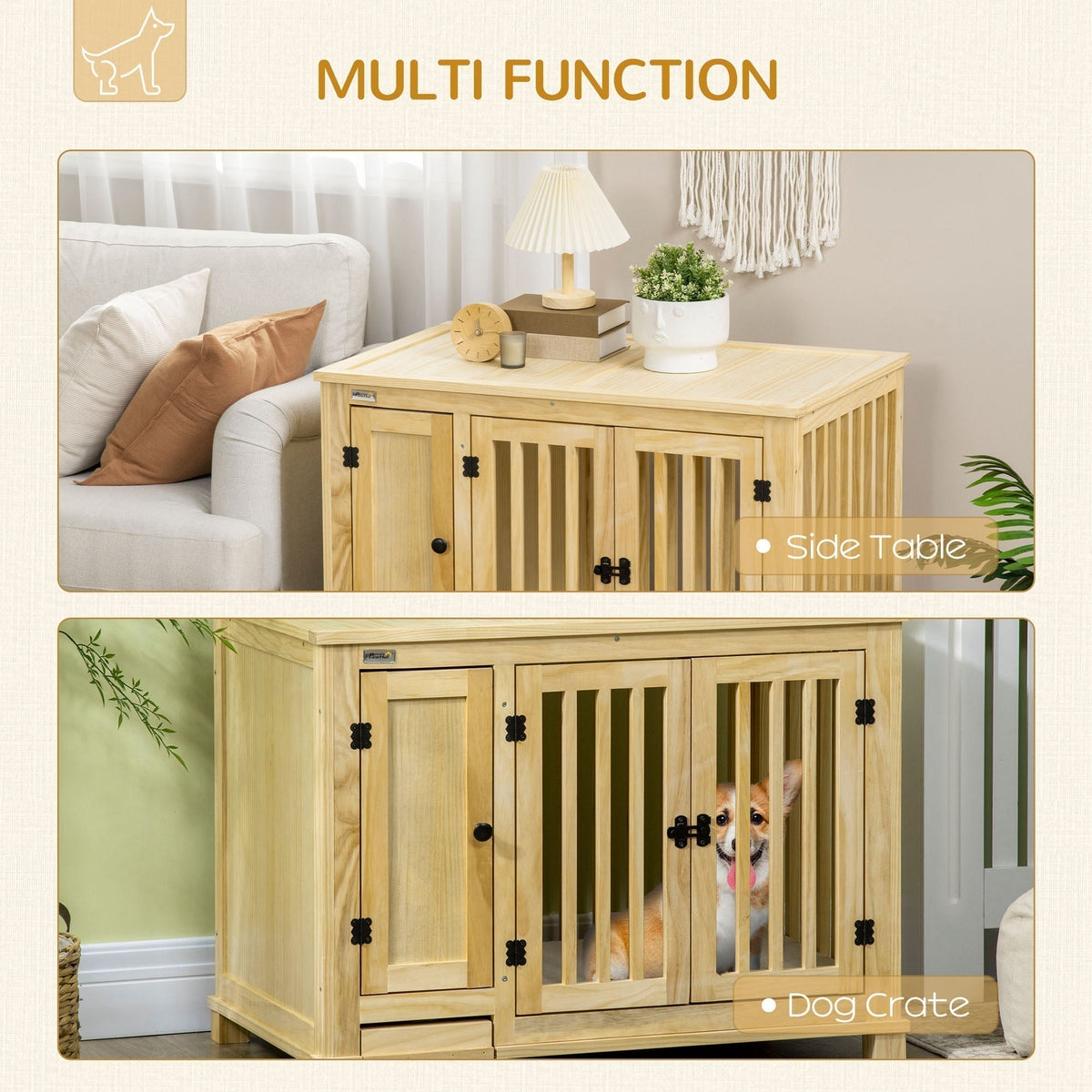 Wooden Dog Crate, Indoor Dog Kennels with Cushion Drawer Bowl Storage for Small Dogs, 37.5" x 23" x 27.5", Natural - Prioka