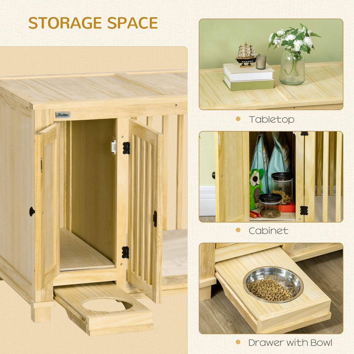 Wooden Dog Crate, Indoor Dog Kennels with Cushion Drawer Bowl Storage for Small Dogs, 37.5" x 23" x 27.5", Natural - Prioka