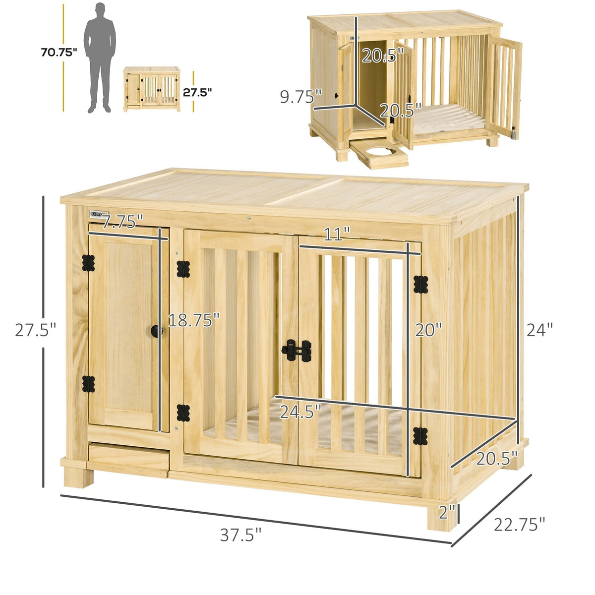 Wooden Dog Crate, Indoor Dog Kennels with Cushion Drawer Bowl Storage for Small Dogs, 37.5" x 23" x 27.5", Natural - Prioka