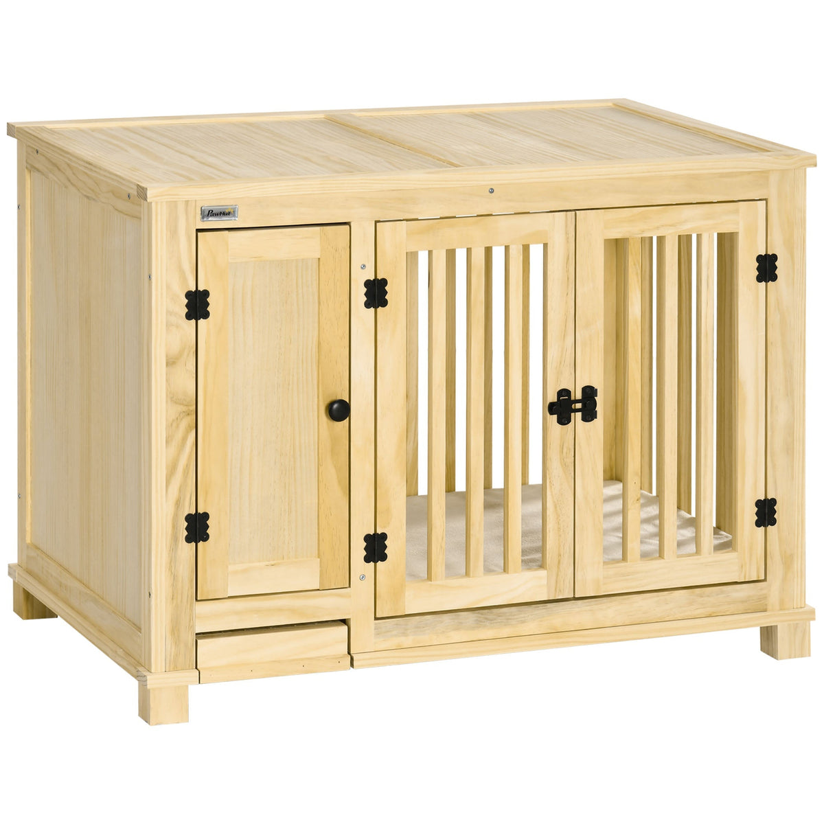 Wooden Dog Crate, Indoor Dog Kennels with Cushion Drawer Bowl Storage for Small Dogs, 37.5" x 23" x 27.5", Natural - Prioka