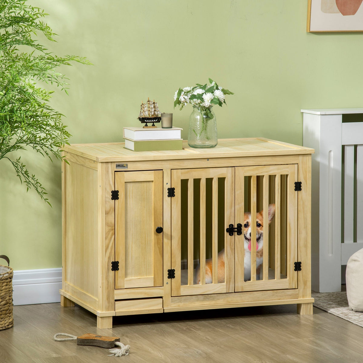 Wooden Dog Crate, Indoor Dog Kennels with Cushion Drawer Bowl Storage for Small Dogs, 37.5" x 23" x 27.5", Natural - Prioka