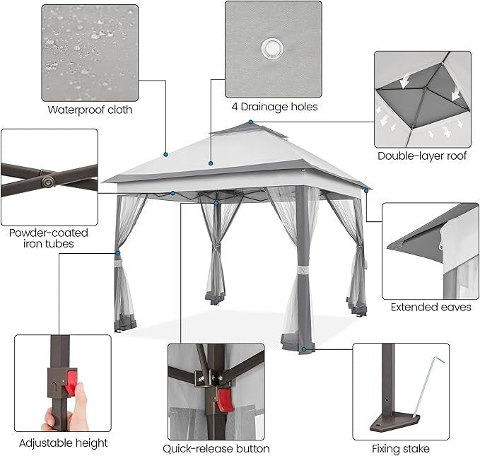 Yaheetech 11×11 Pop Up Gazebo Outdoor Canopy Shelter, Instant Patio Gazebo Sun Shade Canopy Tent with 4 Sandbags, 2 Tiers Roof &amp; Mesh Netting for Lawn, Garden, Backyard &amp; Deck, Gray - Prioka