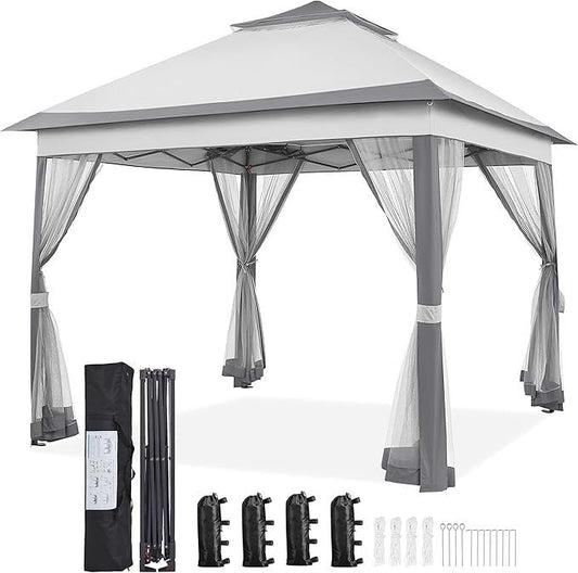 Yaheetech 11×11 Pop Up Gazebo Outdoor Canopy Shelter, Instant Patio Gazebo Sun Shade Canopy Tent with 4 Sandbags, 2 Tiers Roof &amp; Mesh Netting for Lawn, Garden, Backyard &amp; Deck, Gray - Prioka