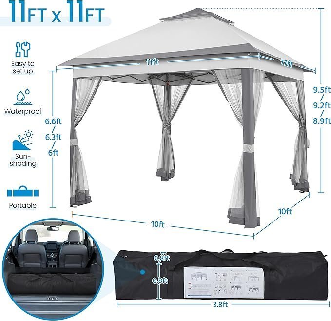 Yaheetech 11×11 Pop Up Gazebo Outdoor Canopy Shelter, Instant Patio Gazebo Sun Shade Canopy Tent with 4 Sandbags, 2 Tiers Roof &amp; Mesh Netting for Lawn, Garden, Backyard &amp; Deck, Gray - Prioka